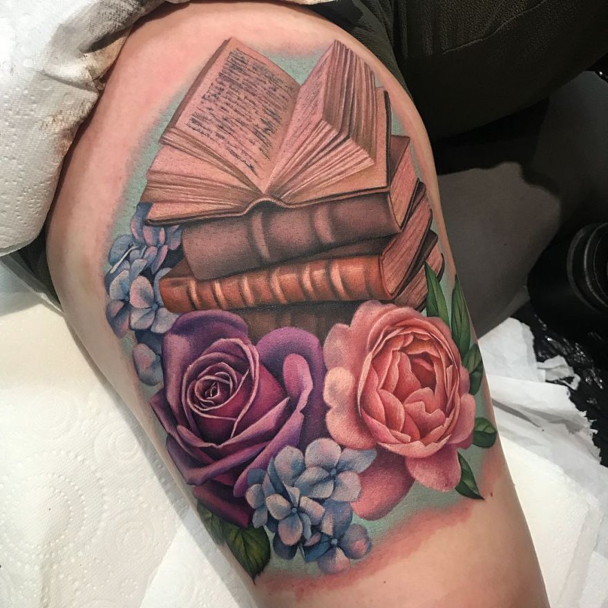 realistic colored book tattoo 1 - Book Tattoos
